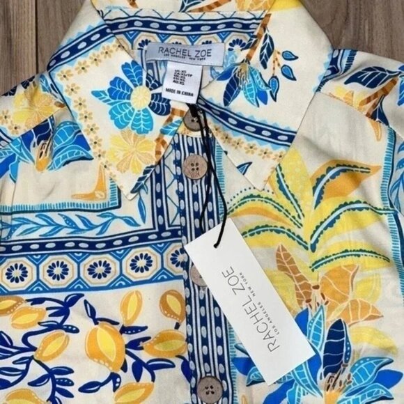 New Rachel Zoe Novelty Tropical Floral Print Shirt Yellow Blue XS - Picture 2 of 5